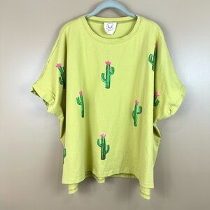 Fantastic Fawn Green Oversized Sequined Cactus Top Large Resort Preppy Vacation